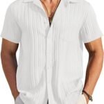 Textured Short Sleeve Casual Button Down Shirt with Pocket