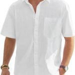 Cotton Linen Short Sleeve Lightweight Button Down Shirt with Pocket